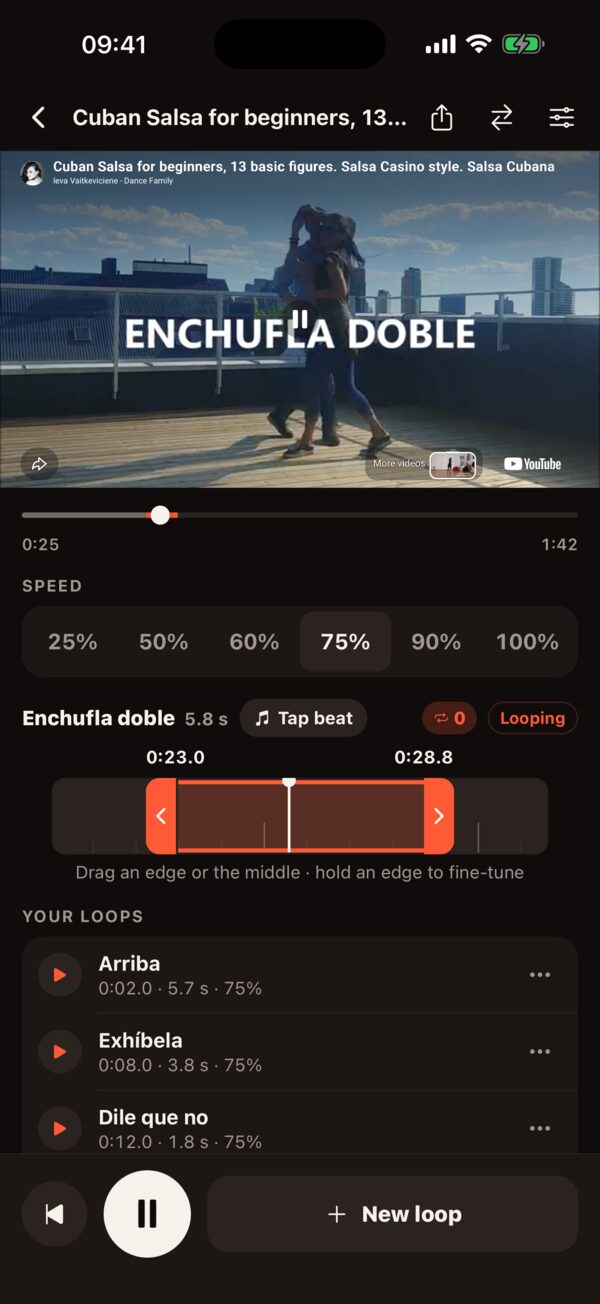 Salsa Loop playing a looped move at 75% speed